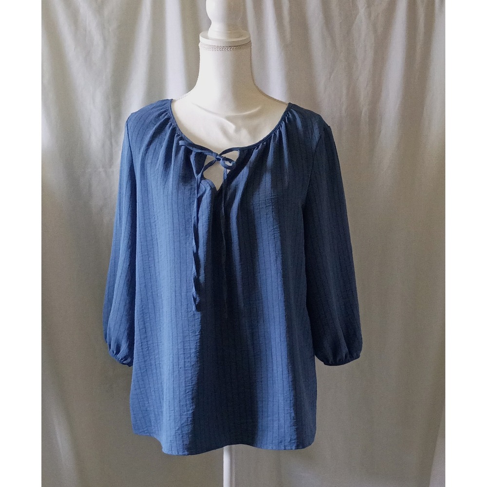 Coastal Grandma New England Coastal Blue Blouse L Boho Cottagecore 3/4 Sleeve